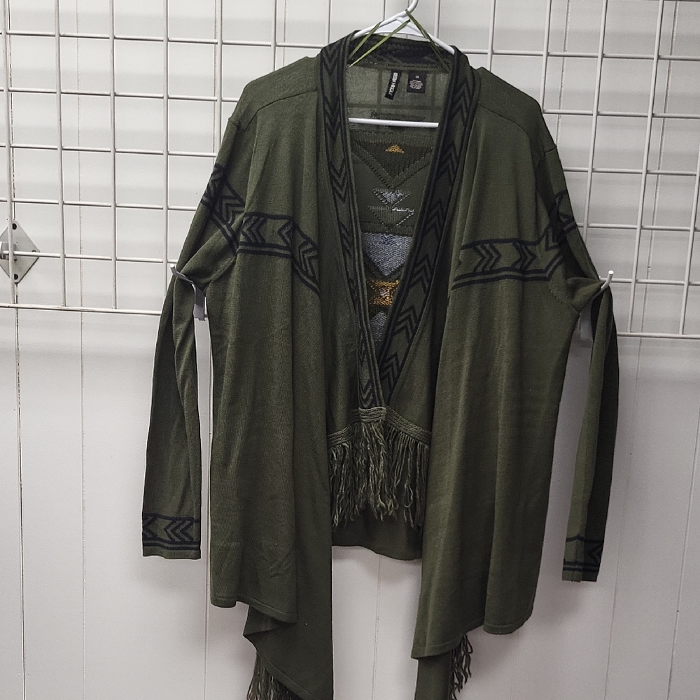Kristen NICOLE Asymetrical Aztec Olive Green Fringe Cardigan, Size 3X